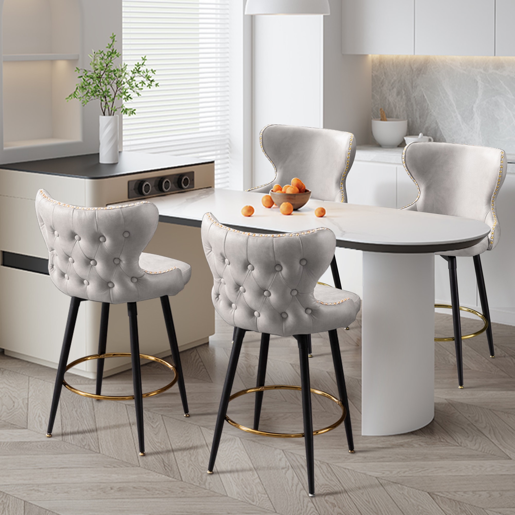 Modern Linen Fabric 180 Swivel bar chairs with Tufted Gold