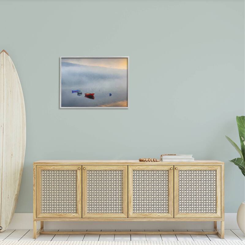 Stupell Misty Lake Canoes Fog Scene Framed Giclee Art by Kim Curinga