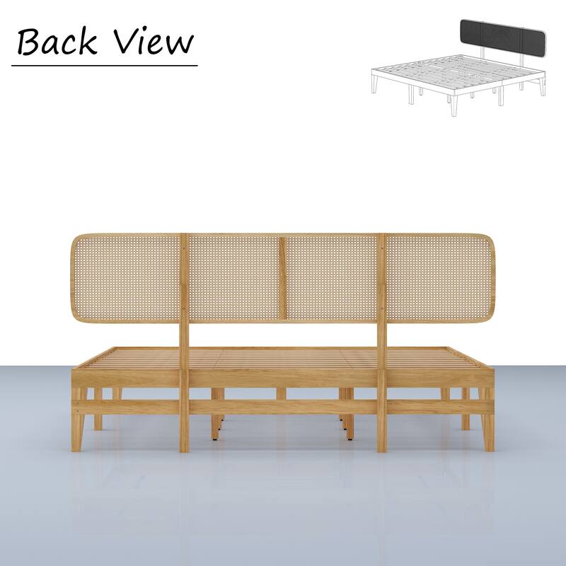 Solid Wood Platform Bed Frame with Rattan Headboard, 600 lbs Heavy Duty Support, Plywood Slats Queen / Full Size