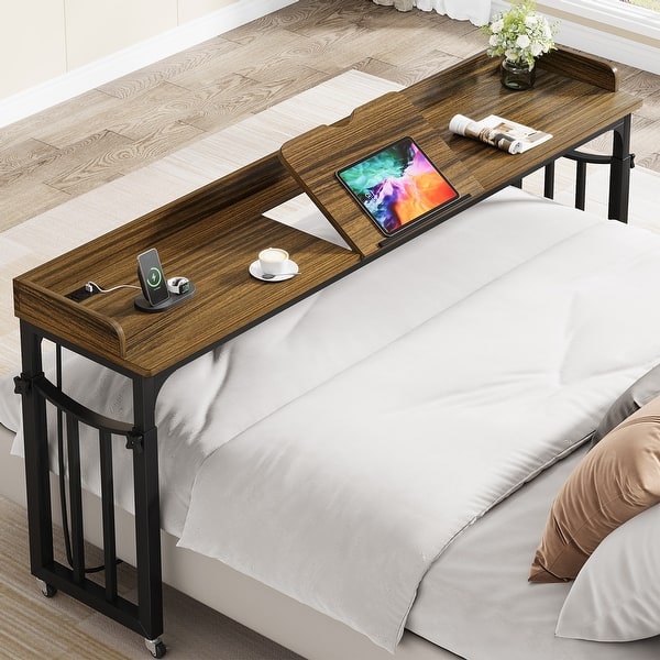 slide 2 of 14, 71 inch Overbed Table with Height Adjustable & Power Outlet, Queen Size Bed Table Brown - Queen Size