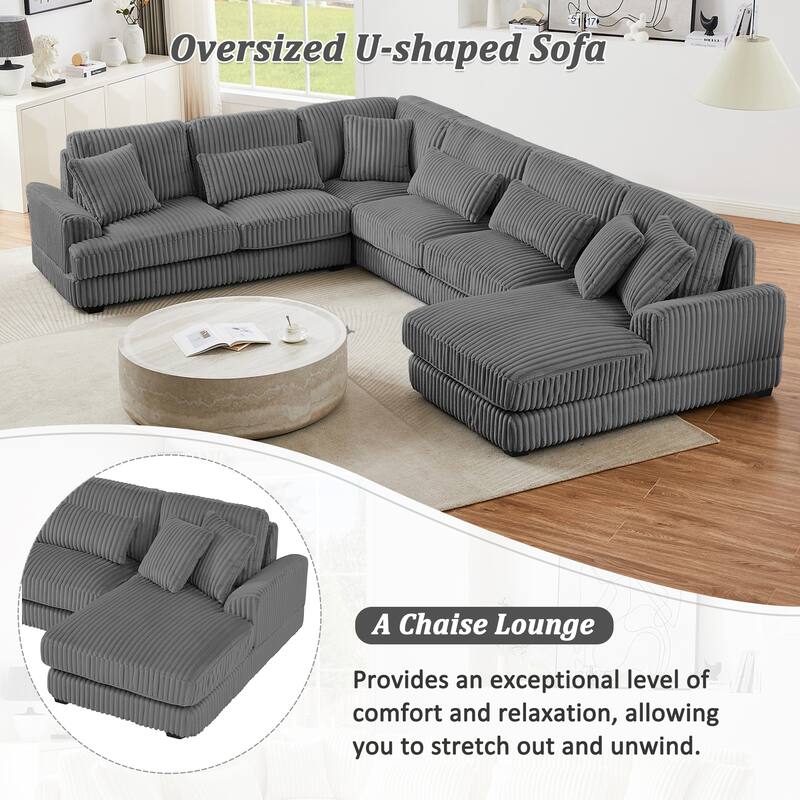 129" Oversized Sectional Sofa, U-shaped Sofa Couch Modern Corduroy Upholstered Deep Seat Sofa with Chaise Lounge