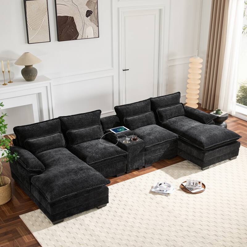 123" Chenille U-Shaped Sectional Sofa with Console & USB Charger - Black
