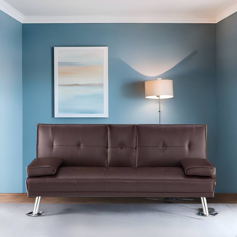 Convertible Futon Sofa Bed with Armrests & Cupholders - Faux Leather Reclining Couch for Small Spaces