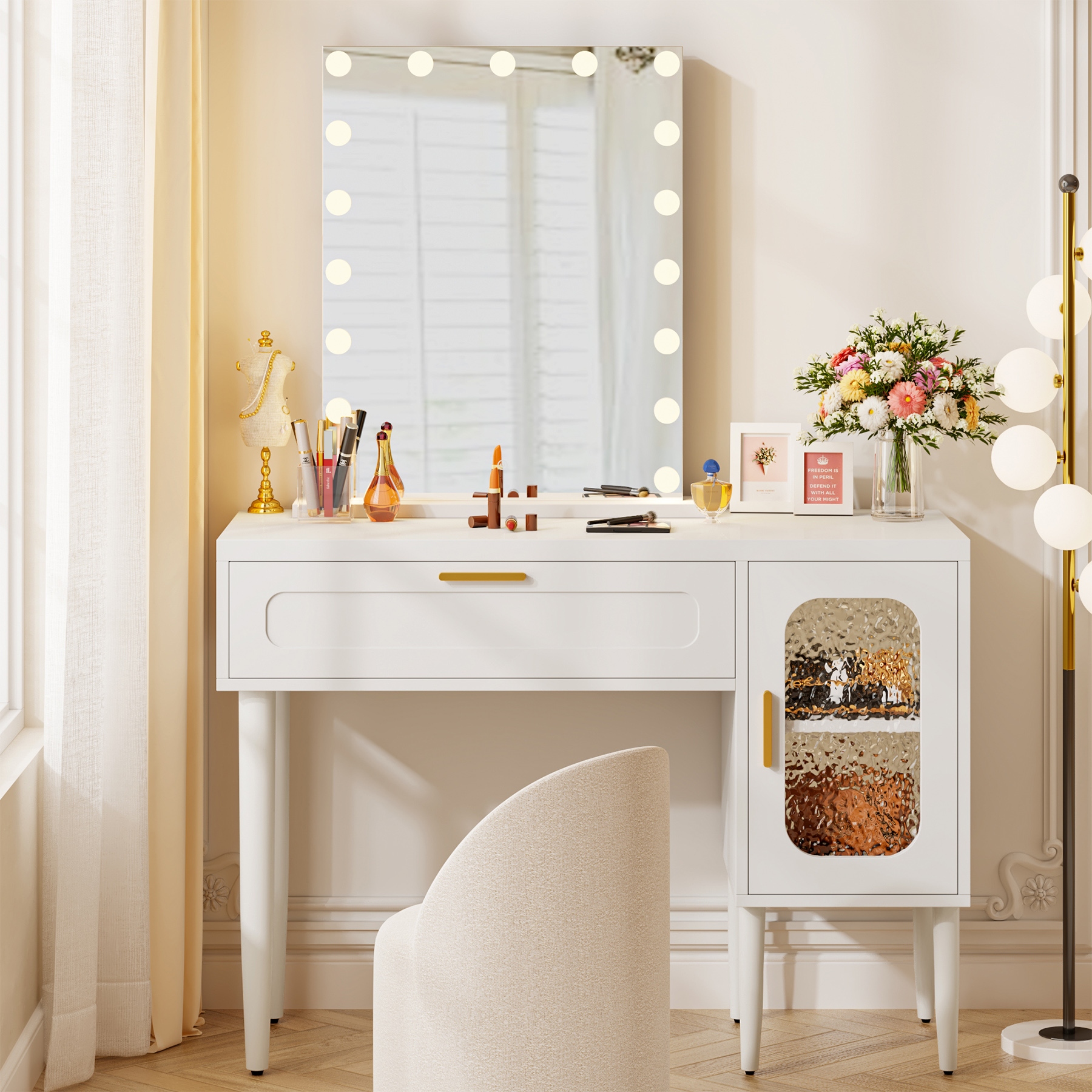 Large makeup store vanity with storage