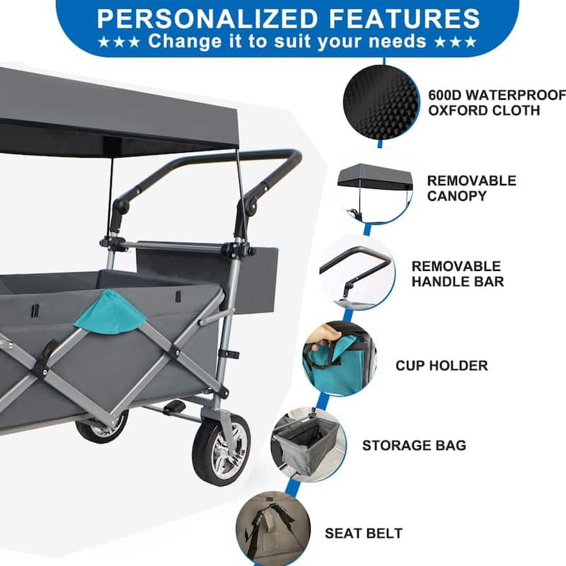 Push & Pull Utility Folding Wagon with Removable Canopy, gray