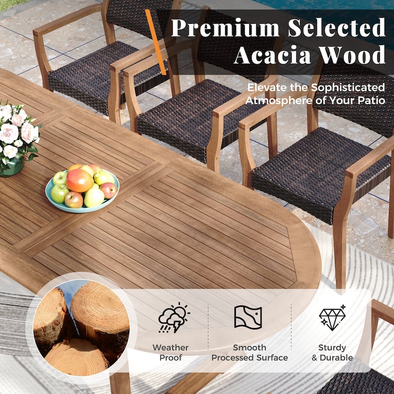 MAISON ARTS Acacia Wood Outdoor Dining Set, Expandable Table with Wicker Chairs, Farmhouse Patio Furniture