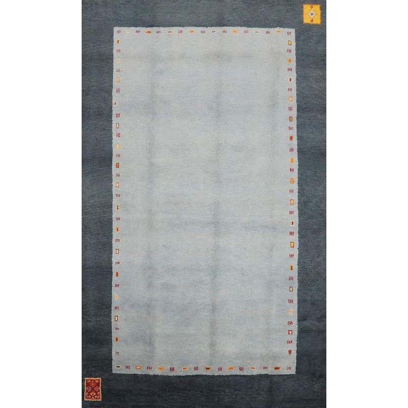 Hand Knotted Oriental 100% Wool Carpet Modern Bordered Navy Blue & Blues Gabbeh Area Rug - 9' 8'' X 6' 6''