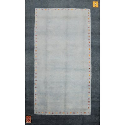Hand Knotted Oriental 100% Wool Carpet Modern Bordered Navy Blue & Blues Gabbeh Area Rug - 9' 8'' X 6' 6''