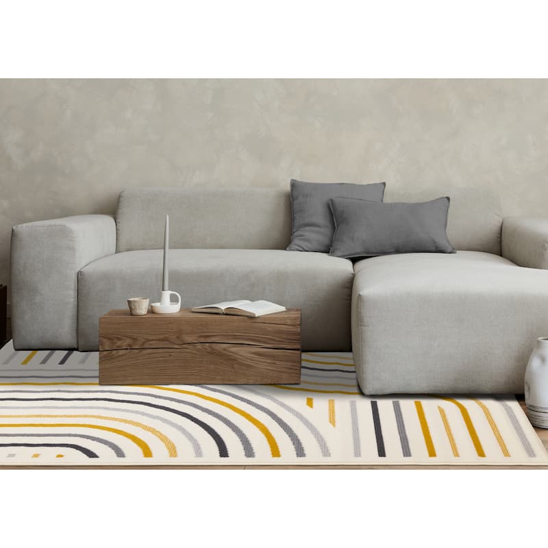 Forte Yellow Grey White Curvy Lines Area Rug, 4'7" x 6'7"