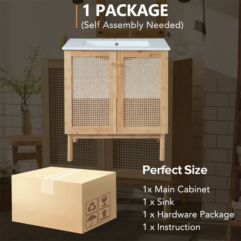 30'' Bathroom Vanity with Ceramic Sink Combo, Freestanding Bathroom Storage Cabinet with 2 Rattan Soft Close Doors