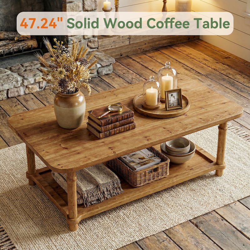 47" Rectangle Coffee Table with Storage Shlef, Solid Wood, Turned Leg