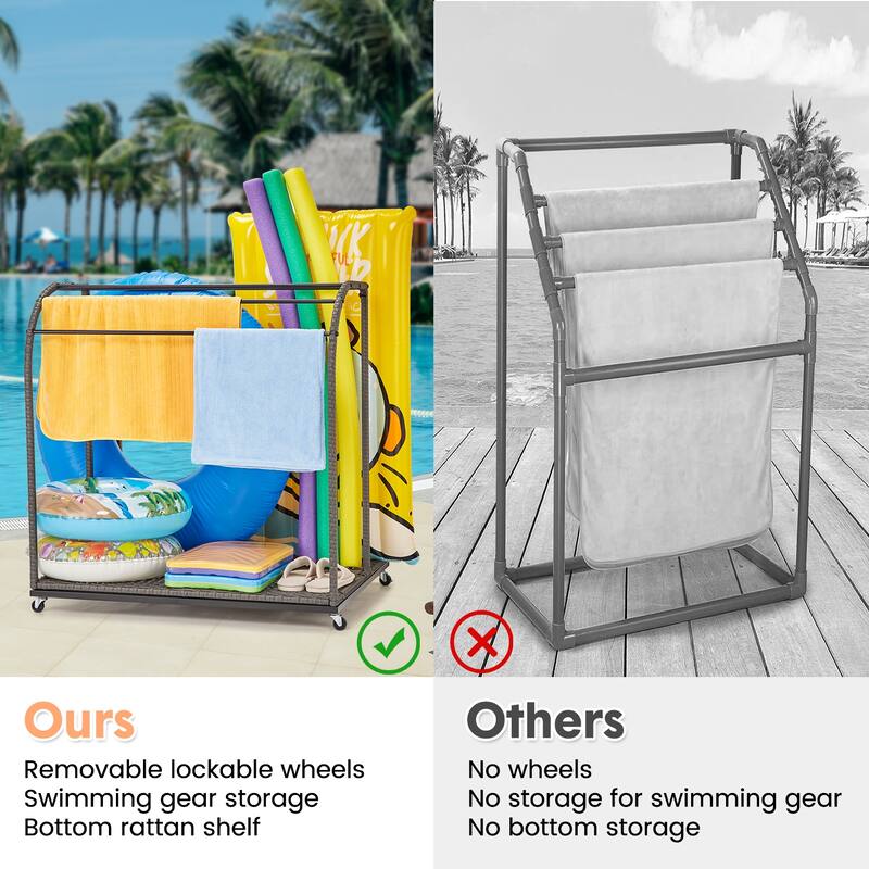 Pool Towel Rack Outdoor with Rattan 5 Bar Free Standing Poolside
