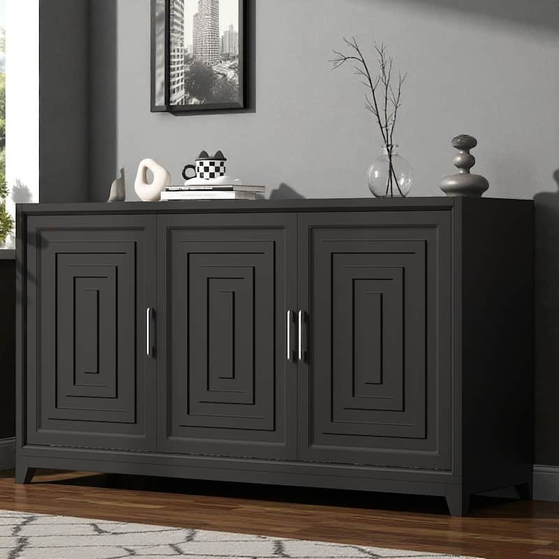 Modern 59'' TV Stand for TVs up to 65'', Entertainment Center Media Console Cabinet with Adjustable Shelves & Solid Wood Legs - Black