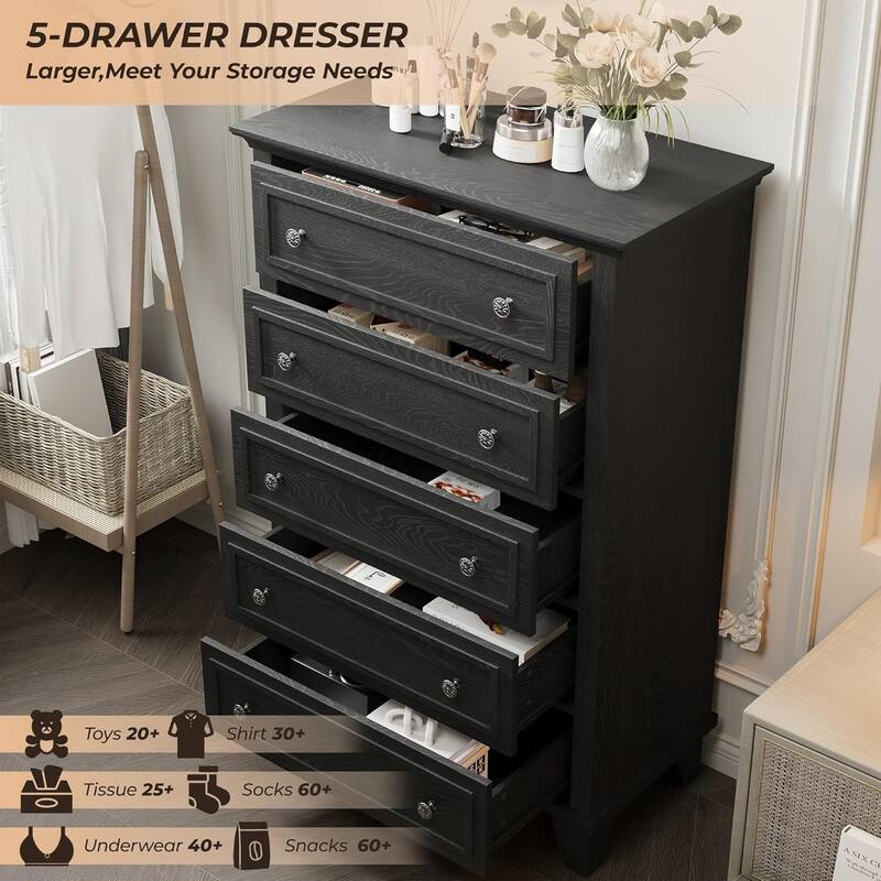 Tall Dresser for Bedroom with 5 Drawers, Chest of Drawers with Ample Storage for Closet, Living Room or Hallway