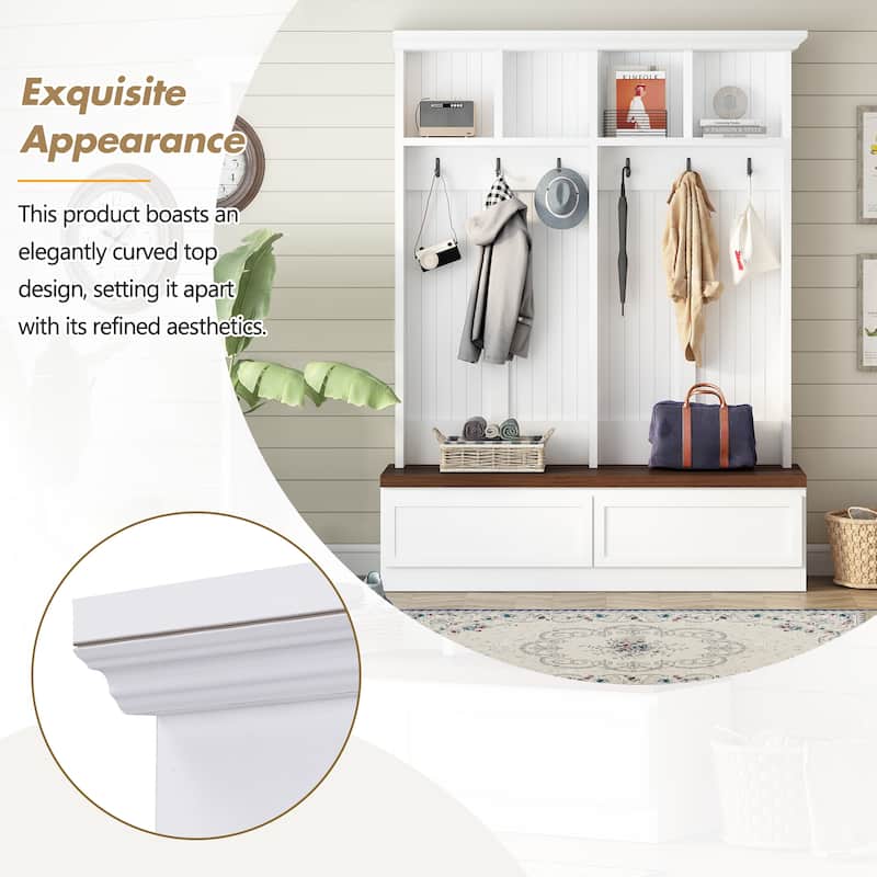 4-in-1 Wood Grain Entryway Hall Tree Storage Cabinet, Curved Top Shoe Cabinet Coat Rack with Drawers