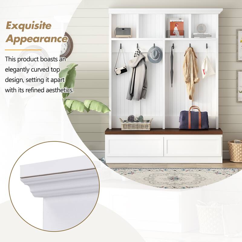 Farmhouse 4-in-1 Hall Tree with Bench, 2 Drawers & Coat Rack for Entryway
