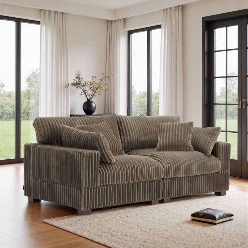 Cotton Flannel Sectional Sofa w/ Adjustable Headrests & Pillows - Light Brown