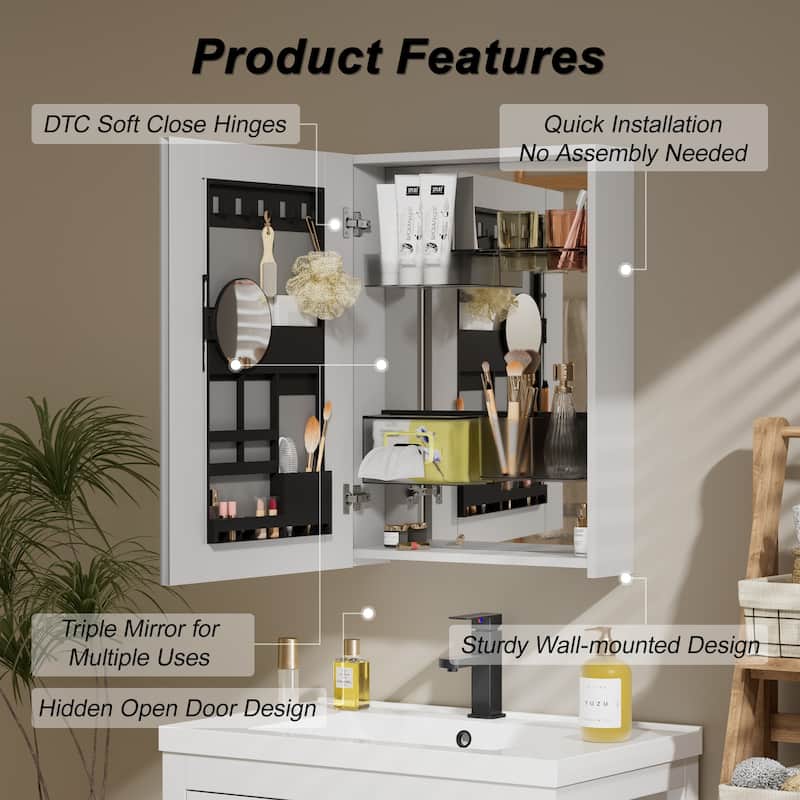 Multi-Function Mirror Cabinet Wall-Mounted Storage with Adjustable Organizer Boxes