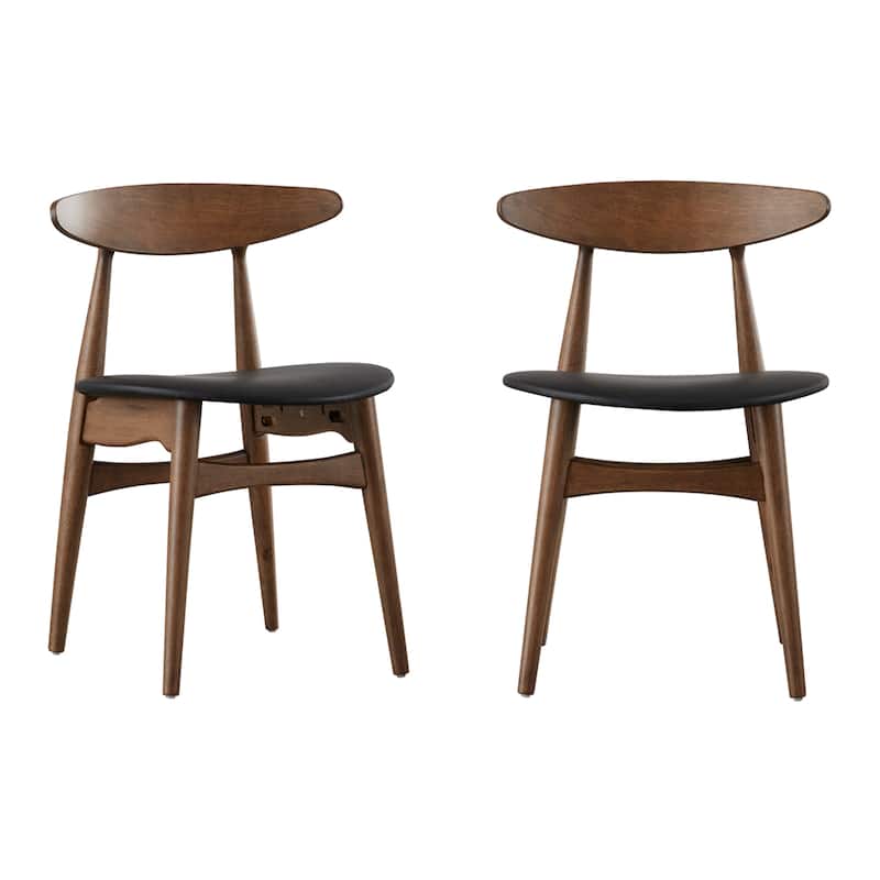 Ribe Mid-Century Modern Tapered Dining Chairs (Set of 2) - Walnut Finish - Black Faux Leather