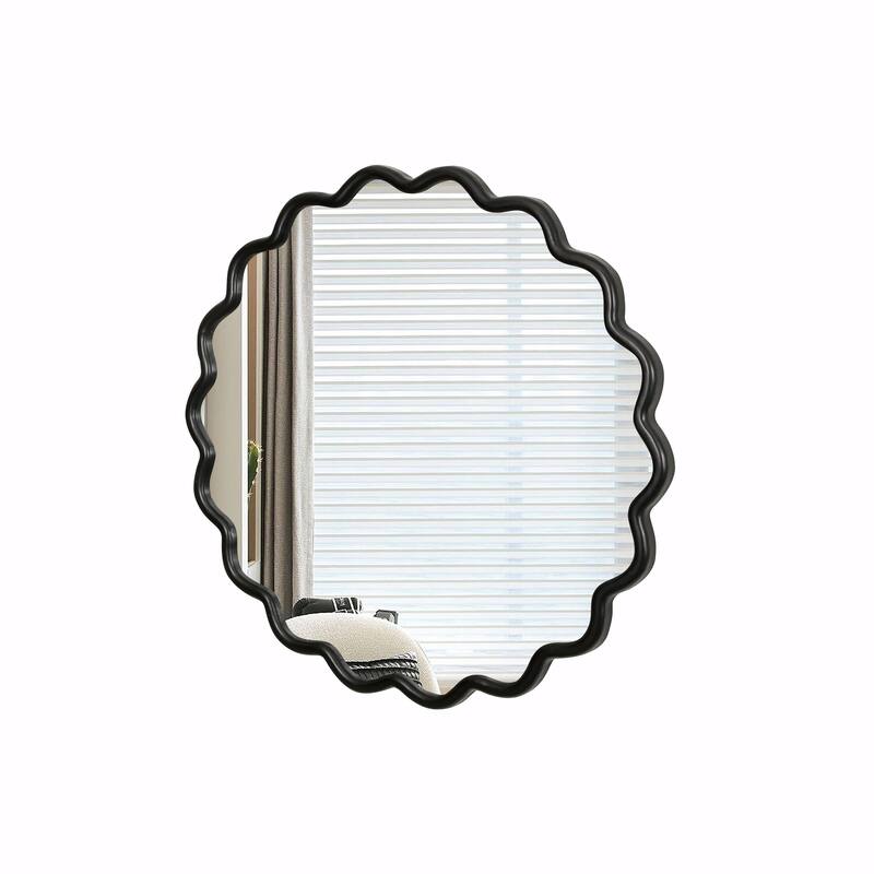 Solid Wood Wavy Round Mirror - Modern Wall Decor