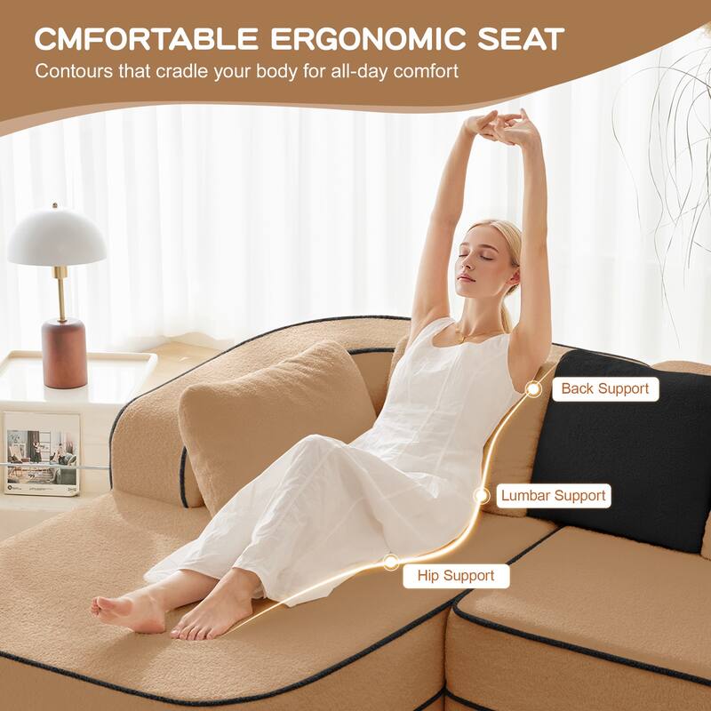 Roomfitters No Assembly Modular Sofa, 106 Inch Teddy Fabric Floor Couch with Chaise, Camel