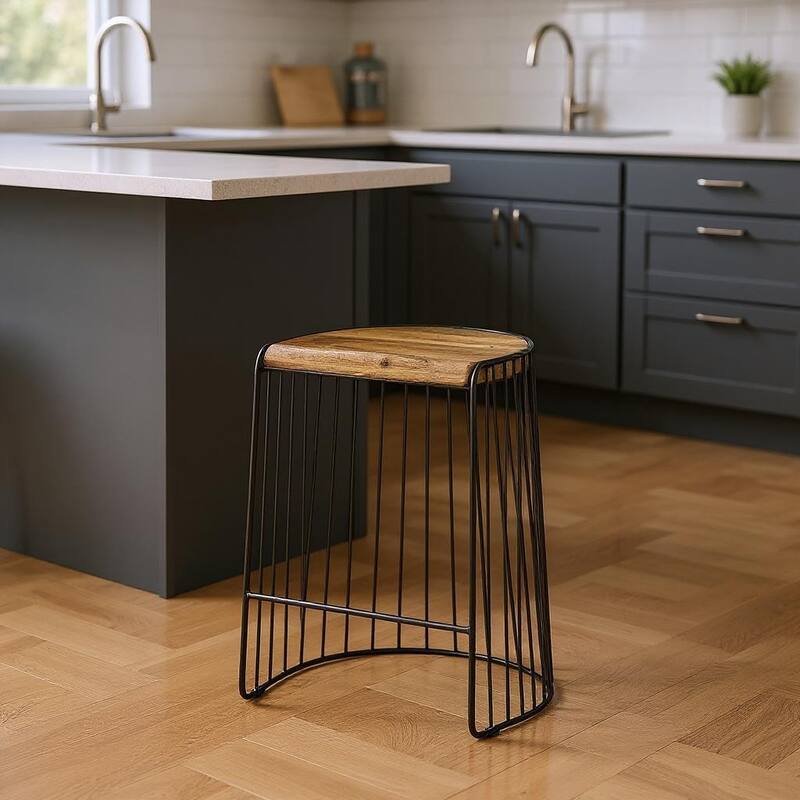 HomeRoots 26" Natural and Black Solid Wood and Iron Backless Counter Height Bar Chair - Counter Height - Single - Natural