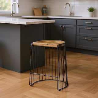 HomeRoots 26" Natural and Black Solid Wood and Iron Backless Counter Height Bar Chair