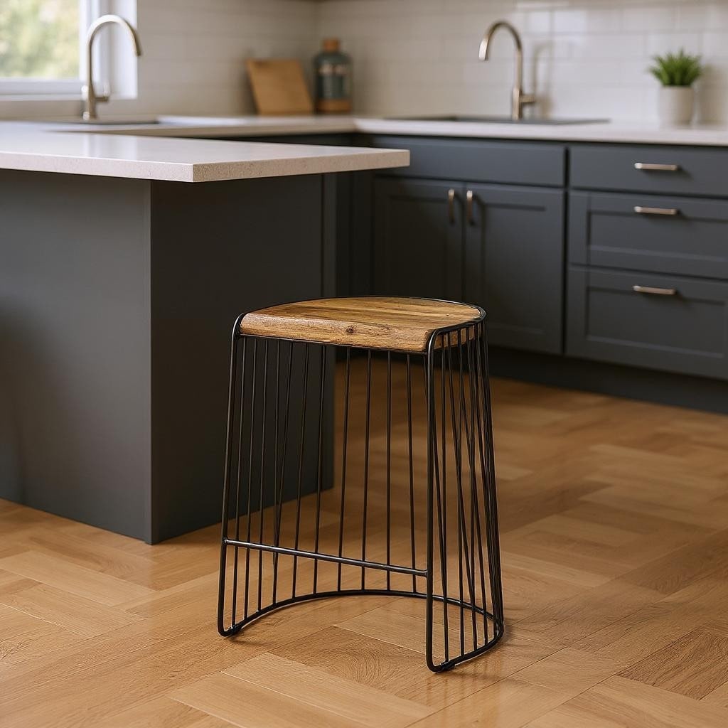 HomeRoots 26" Natural And Black Solid Wood And Iron Backless Counter Height Bar Chair