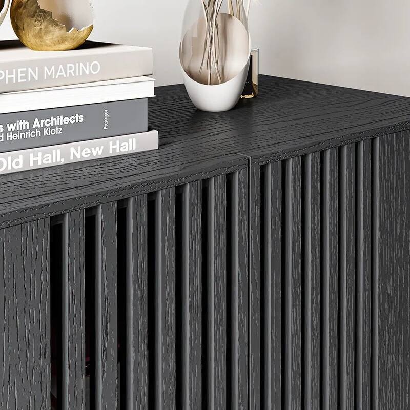 35.43'' Minimalist Side Cabinet，6 Compartments, Hollow-out Design, Solid Wood Veneer, Metal Legs, Black Accent Chest - 35.43
