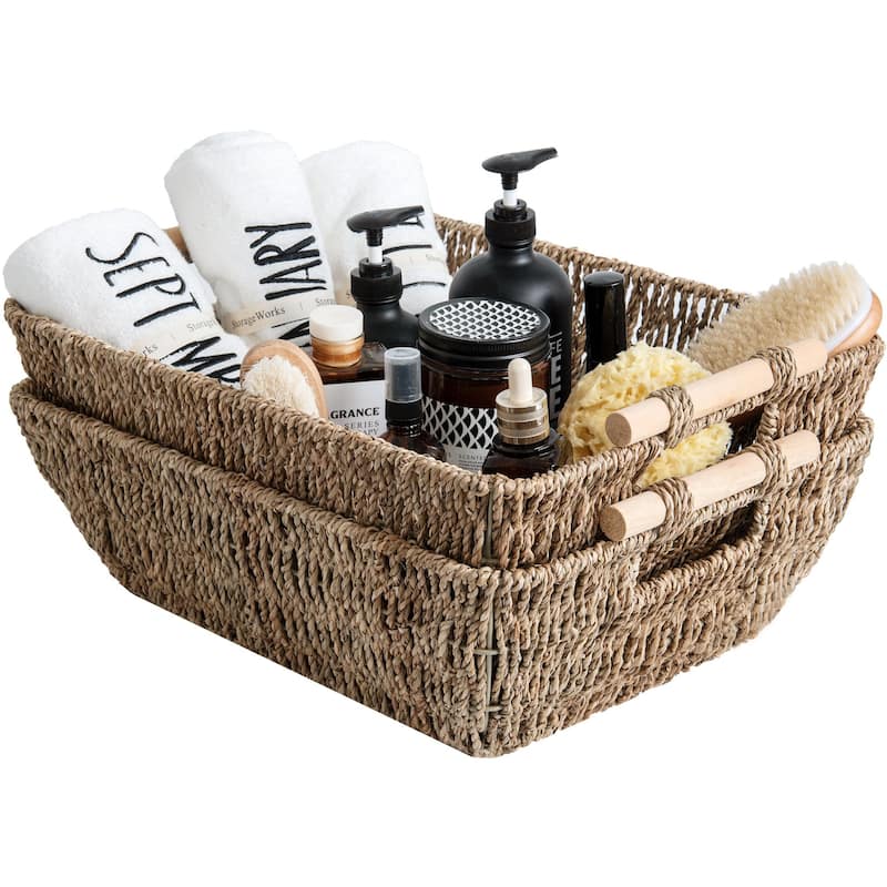 2-Pack Hand-Woven Storage Baskets with Wooden Handles, Wicker Basket for Organizing, Gift Choice - Large - Seagrass