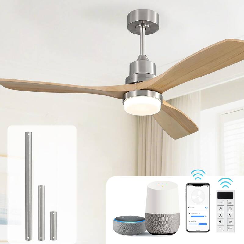 52 inch Smart Solid Wood Ceiling Fan with Intetraged Light and Remote,Google Assistant/Alexa APP Control - Silver with Burly Wood Blades