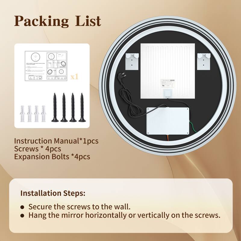 UL Certified Round Frameless Wall Mounted Anti Fog LED Bathroom Vanity Mirror, 3-Color Dimmable, HD Tempered Glass