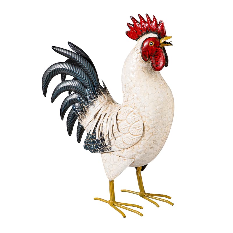 14" Metal Rooster With Feathers Statue