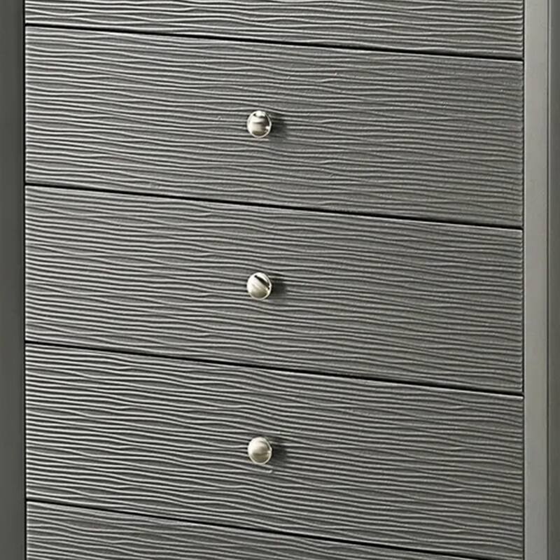 Deny Tall Dresser Chest, 5 Drawers, Silver Round Knobs, Metallic Gray Wood