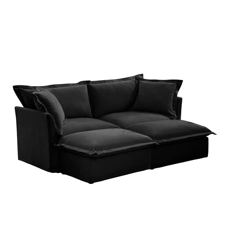 83.4" Chenille 2-Seater Sofa Set with 2 Ottomans, Sleeper Function & Removable Slipcovers