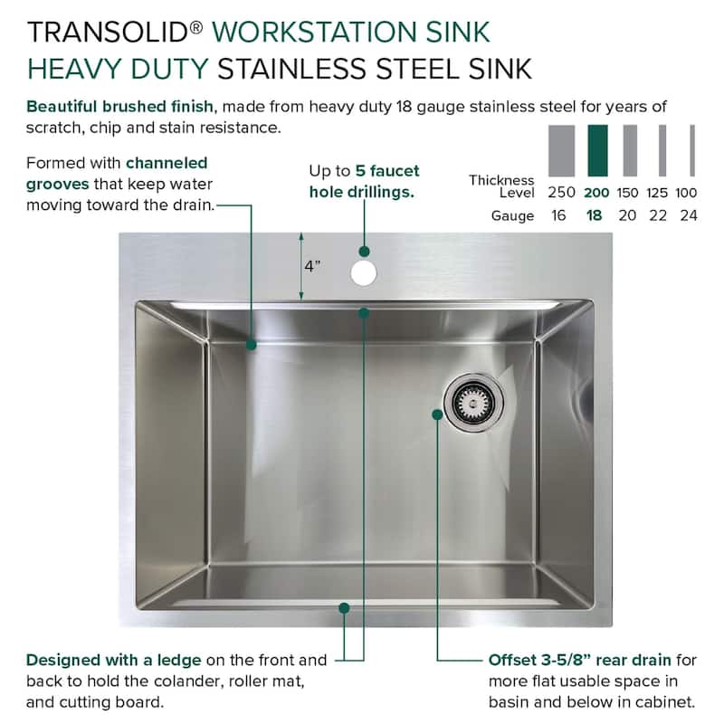 Transolid KWSST272210-ML2 27" Drop In Single Basin Stainless Steel