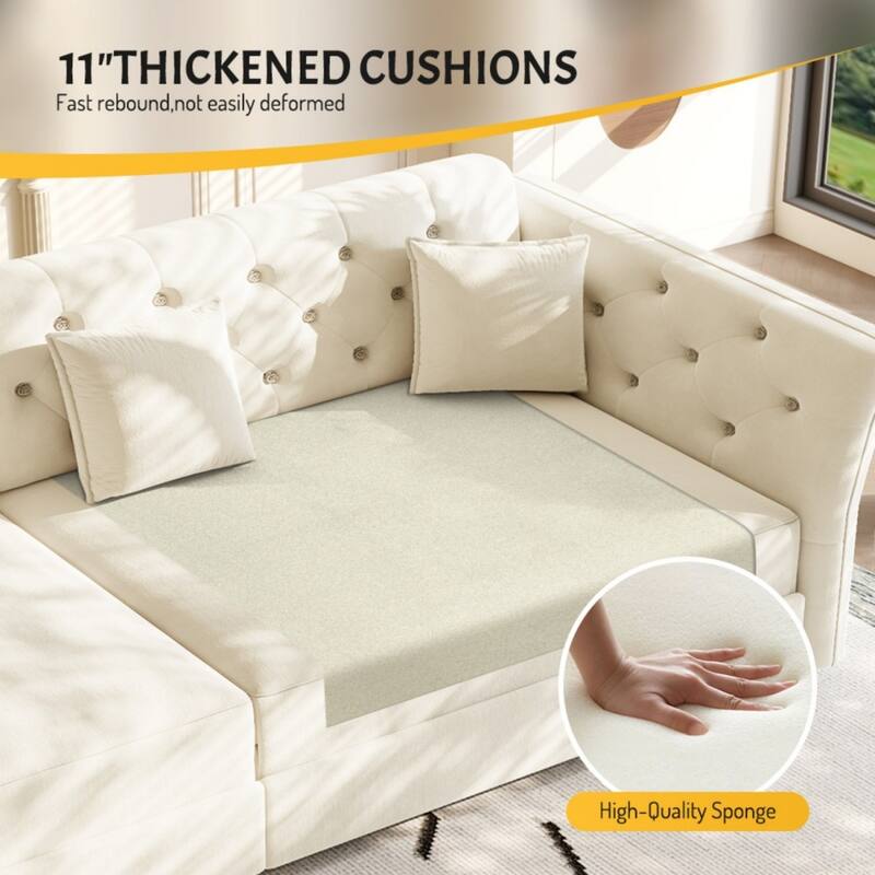 100" Velvet Convertible Sofa Bed with with Fabric Flower Tufted Design