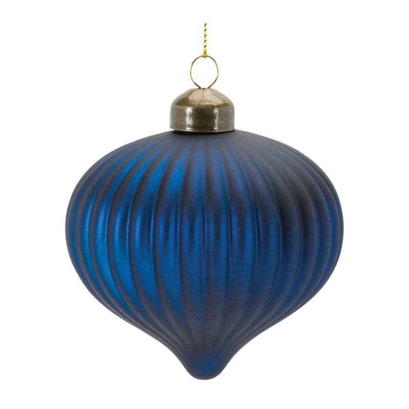 Club Pack of 12 Blue Ribbed Glass Christmas Onion Bell Ornaments 3.5"