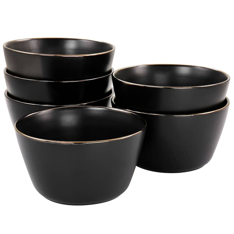 Ebony with Gold Stoneware Dinner Bowl 6 Piece Set - Black - 6 Piece