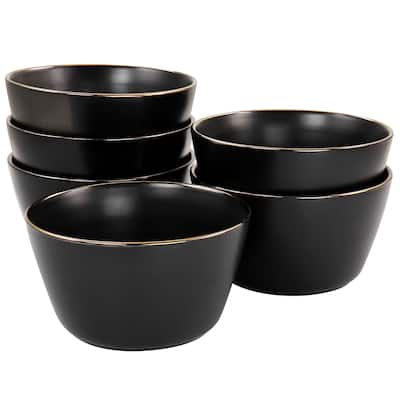 Elama Paul 6 Piece Stoneware Bowl Set in Matte Black with Gold Rim - 5.6 Inch