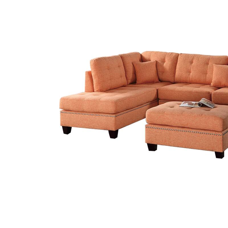 3-Piece Orange Fabric 4-Seater L-Shaped Sectional Sofa with Wood Legs