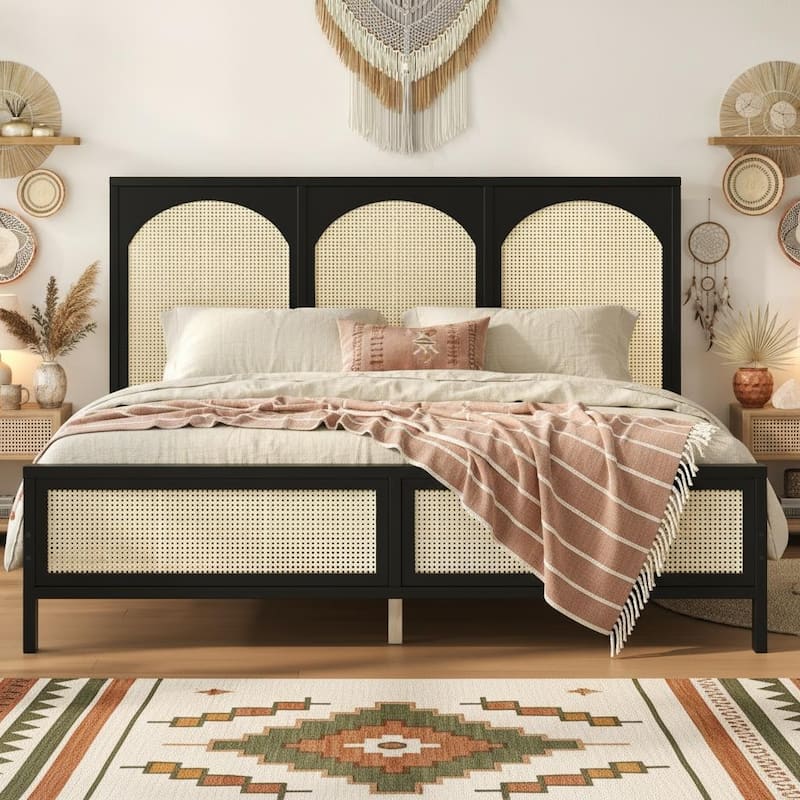 Rattan Inlay Wood Platform Bed by Harper&Bright Designs