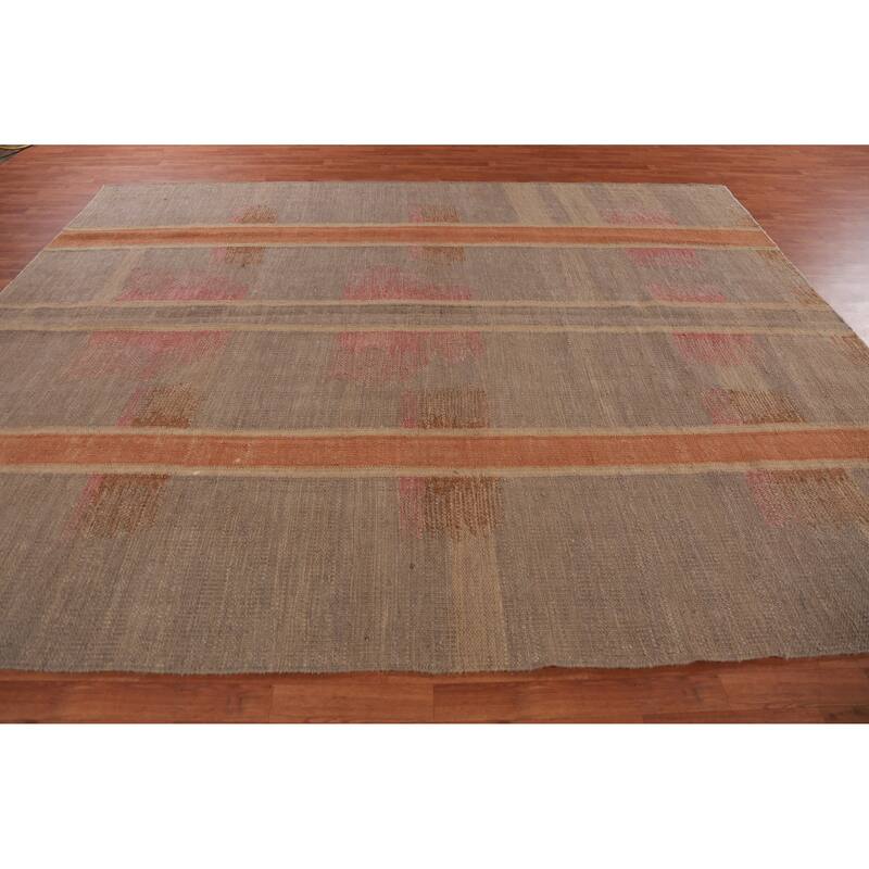 Hand Woven Oriental 100% Jute Carpet Modern Stripe Brown Kilim Area Rug - 11' 7'' X 9' 2''