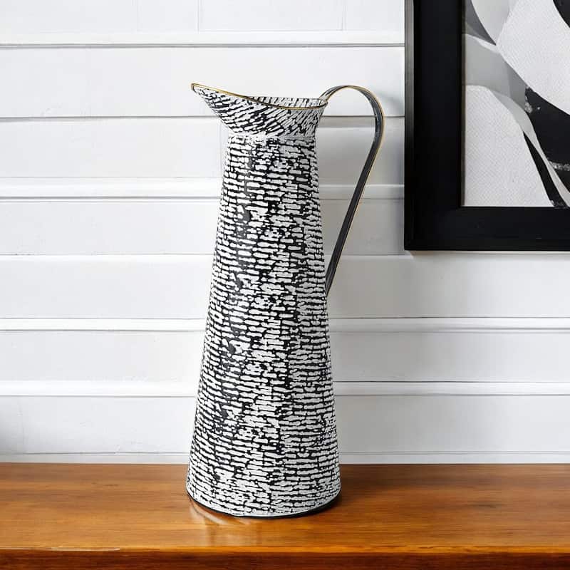 HomeRoots 14" Black And White Abstract Cylinder Metal Jug Vase - 7.9"W x 9.8"D x 20.3"H