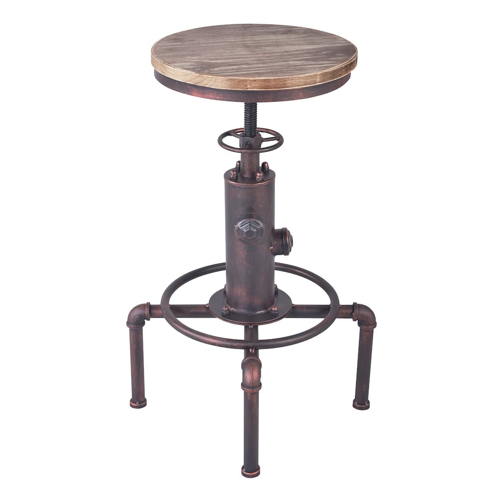 Adjustable Round Backless Barstool with Metal Fire Hydrant Base, Brown