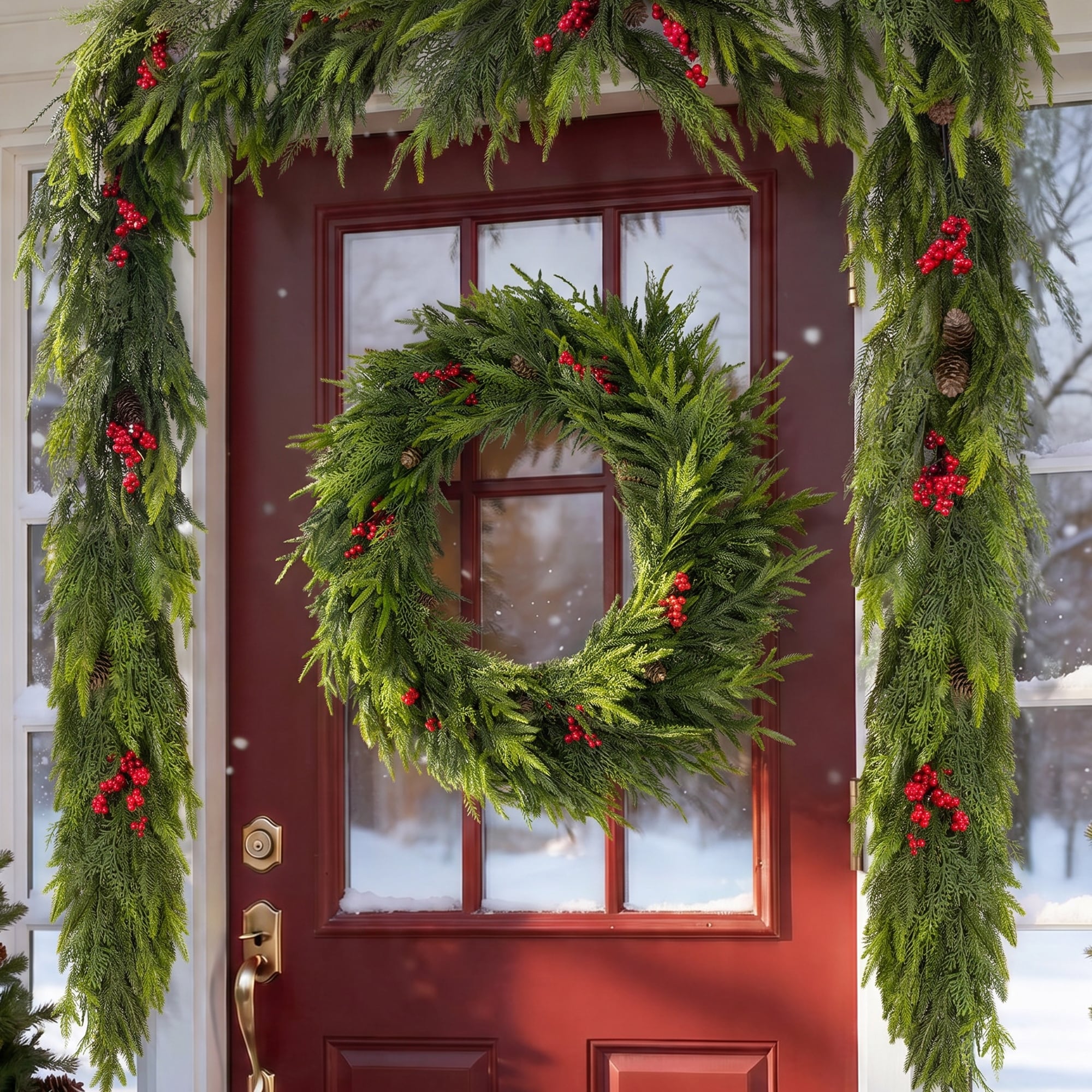 Glitzhome Christmas Greenery PE Dripping Wreath & Teardrop & Garland Set