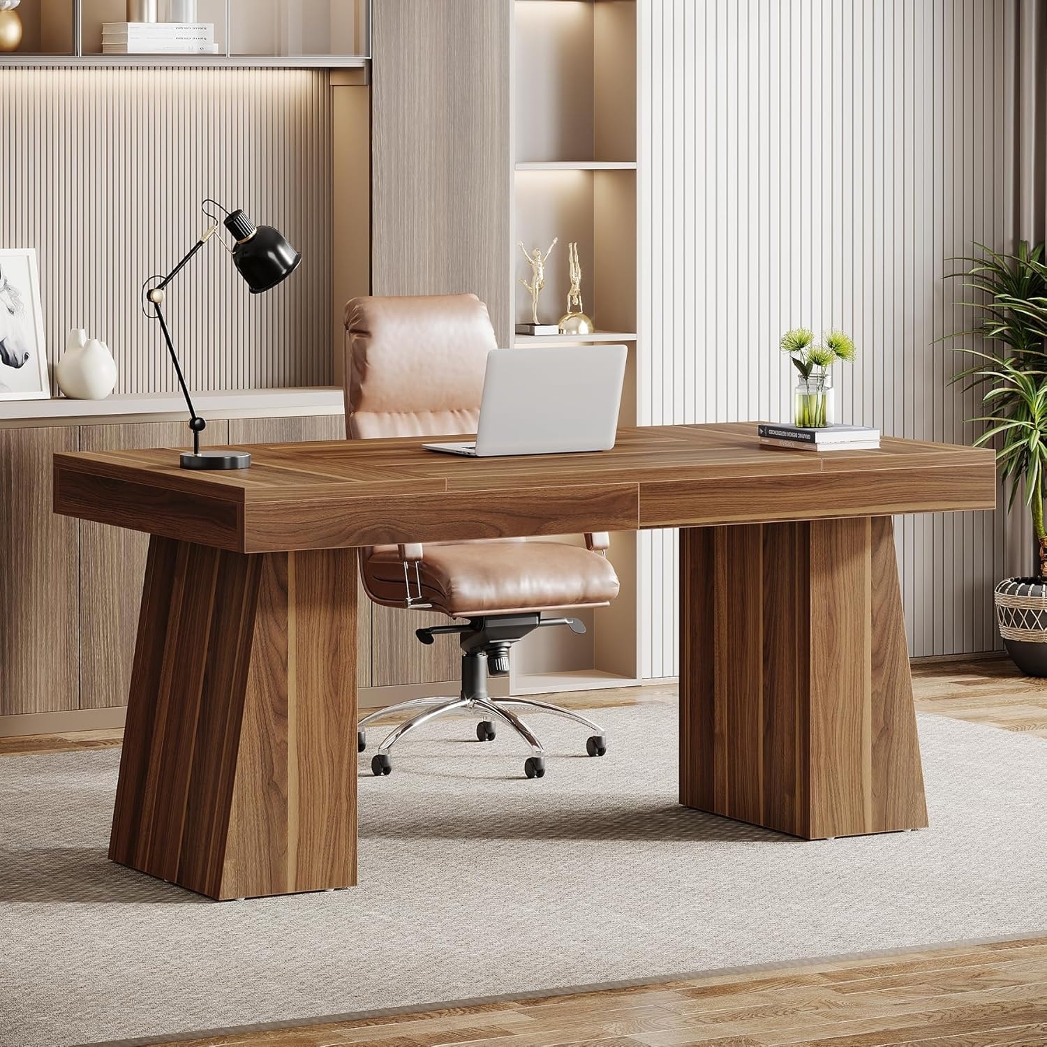 55 Inches Mid-Century Executive Desk with Double Trapezoid Base