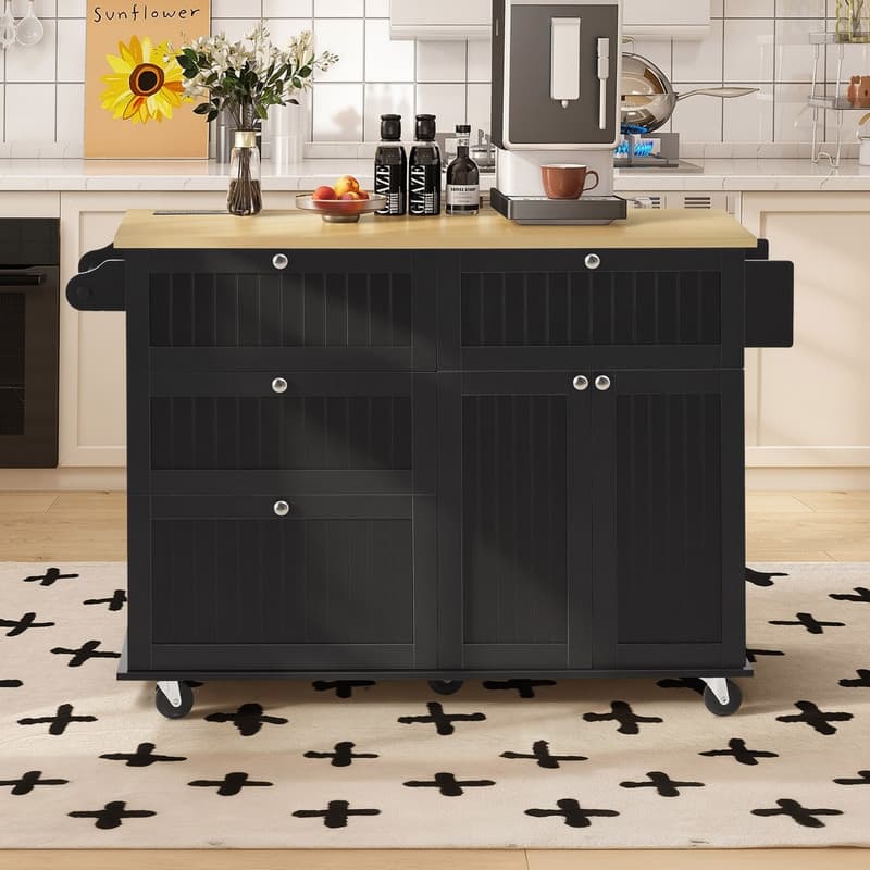 50.3" Farmhouse Kitchen Island with Drop Leaf Tabletop and 2 Dining Stools, Kitchen Cart Set with Storage and Power Outlet