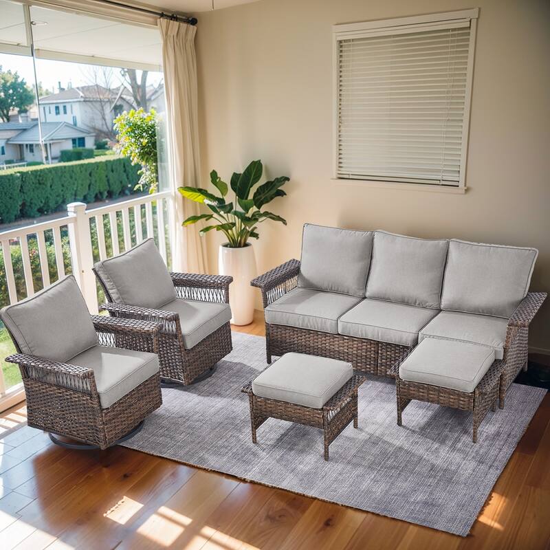 Gymojoy 5 Pieces Outdoor Wicker Sofa with Chairs and Ottomans - Brown - Grey