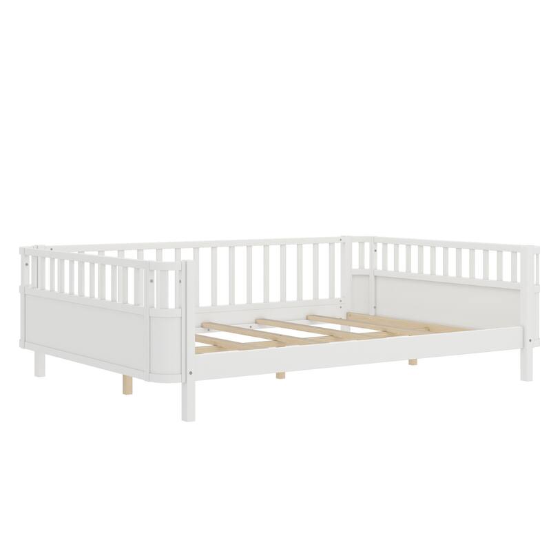 Multi Size Low Platform Bed for Kids with Rounded Corners Guardrails, Detachable Right-side Fence and Open Left-side Design